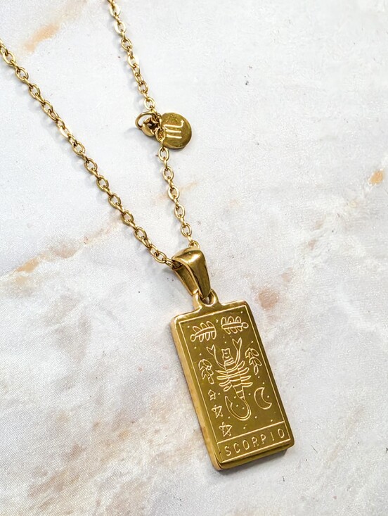 Oak and Isle Jewelry - Scorpio Zodiac Tarot Card Necklace 18K Gold Plated Titanium Steel Double-Sided